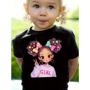 Girls T Shirts Cute Cartoon Girl With Colorful Pigtails And Bow Print 100% Cotton Short Sleeve T Shirt for Summer Activities