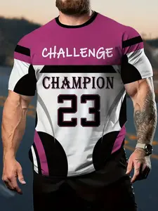 【Plus Size】 23 Champion Print Short Sleeve Tee, Regular Fit Casual Fashion Round Neck T-shirt, Gym Tees for Daily Outdoor Wear, Gym Workout Shirt, Men's Clothing for All Seasons