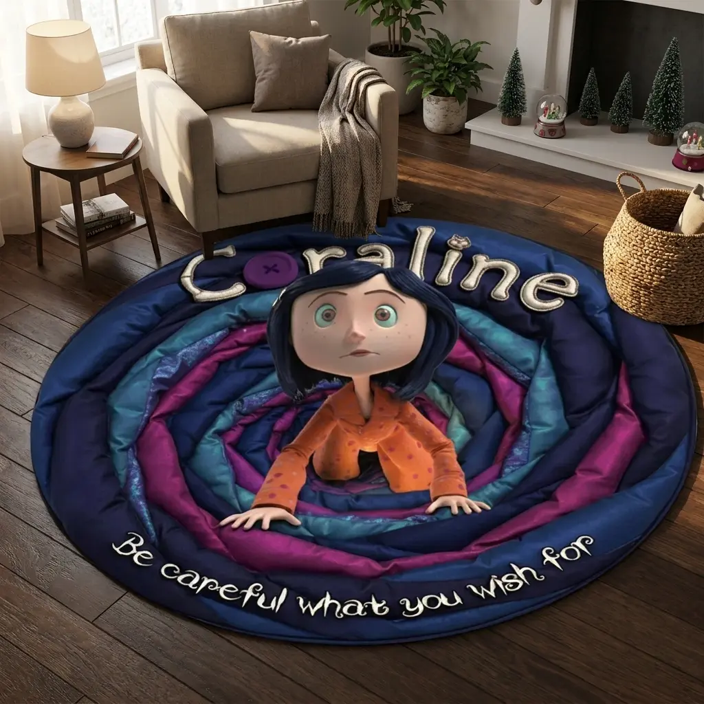 3D Round Quilted Rug - Christmas Gift for Horror Fans, Coraline Floor Mat - col10023