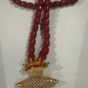 Newari AD Jewelry on Beads and Pote - Red Beaded Necklace with Gold-Tone Ornament