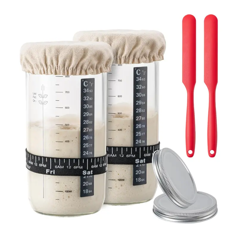 24 oz Sourdough Starter Kit – Glass Fermentation Jar with Date Feeding Band, Thermometer, Cloth Cover, Metal Lid & Instruction Book for Baking