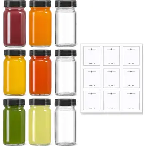 9 Pack, 2 oz Glass Shot Bottles w/ Black Lids & 9 Labels - Small Clear Jar for Ginger, Wellness Shot, Juice, Sample, Whiskey - Travel Essentials Mini Bottles - Wide Mouth, Leakproof, Dishwasher Safe