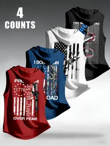 4-Pack American Vintage 1776 Gun Flag Print Hooded Tank Tops, Loose-Fit Sporty Summer Wear, Men's Sleeveless Clothing, Casual Sporty Vest