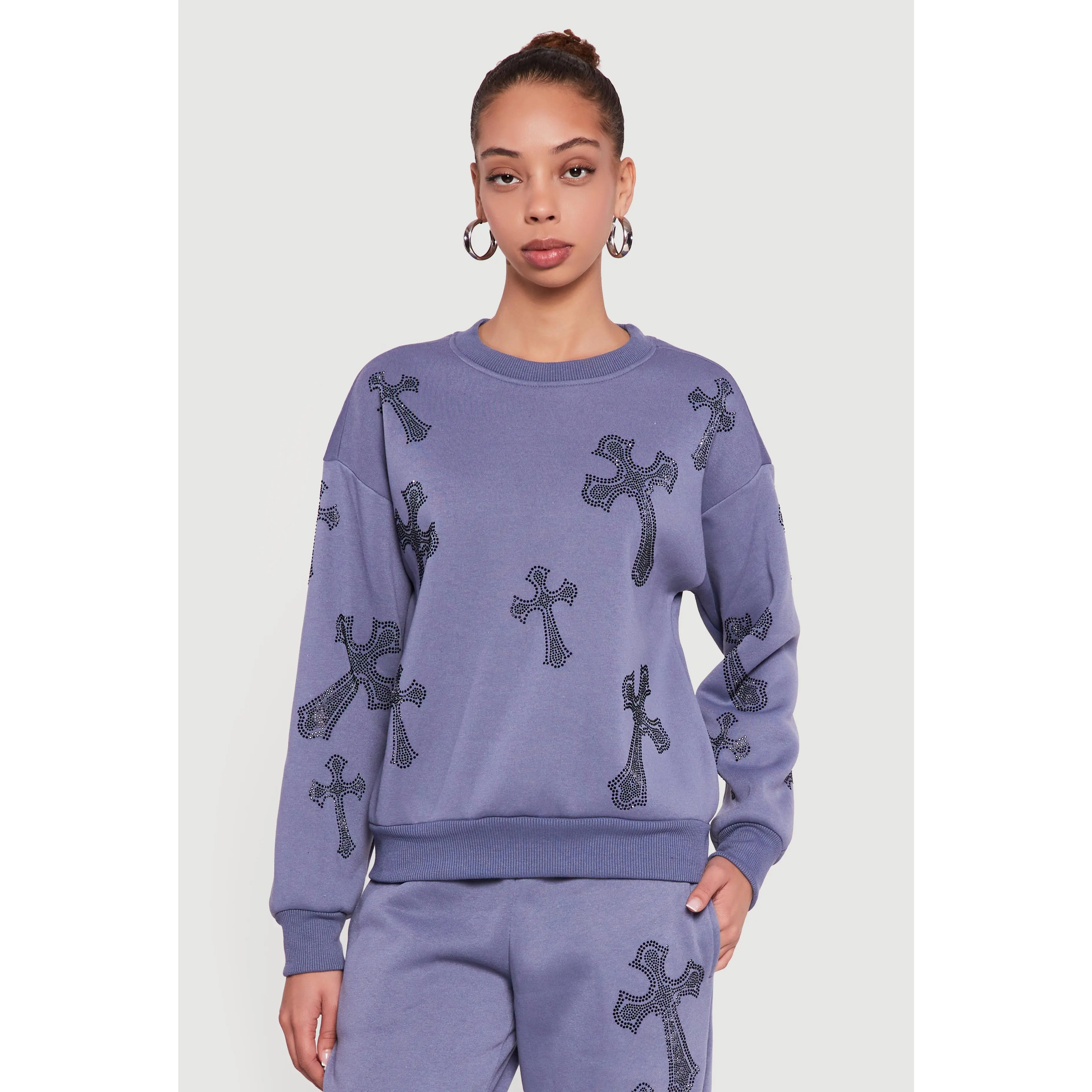 Almost Famous Pullover Sweatshirt with Rhinestone Graphic