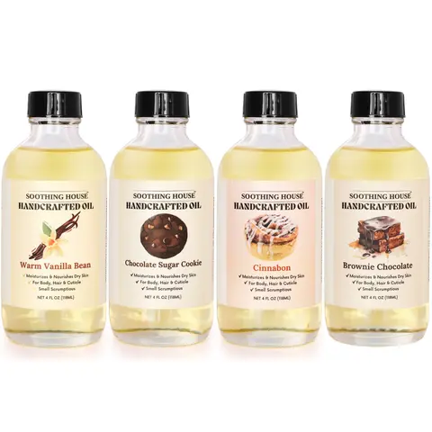 Soothing House The Bakery Box 4-Piece Gourmand Scent Dry Body Oils Set (4 fl oz Each) - Vanilla Bean, Chocolate Sugar Cookie, Cinnabon, Chocolate Brownie Aroma, Dryness Relief, After Shower Glowing Soft Skin Body Oil Blend, Self Care Products