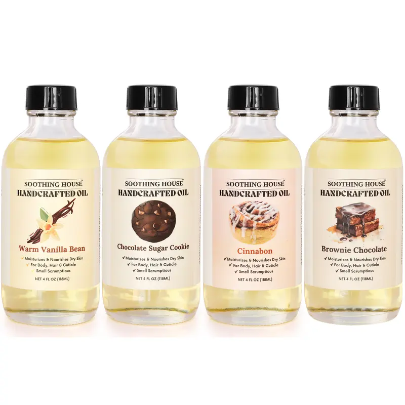 Soothing House The Bakery Box 4-Piece Gourmand Scent Dry Body Oils Set (4 fl oz Each) - Vanilla Bean, Chocolate Sugar Cookie, Cinnabon, Chocolate Brownie Aroma, Dryness Relief, After Shower Glowing Soft Skin Body Oil Blend, Self Care Products