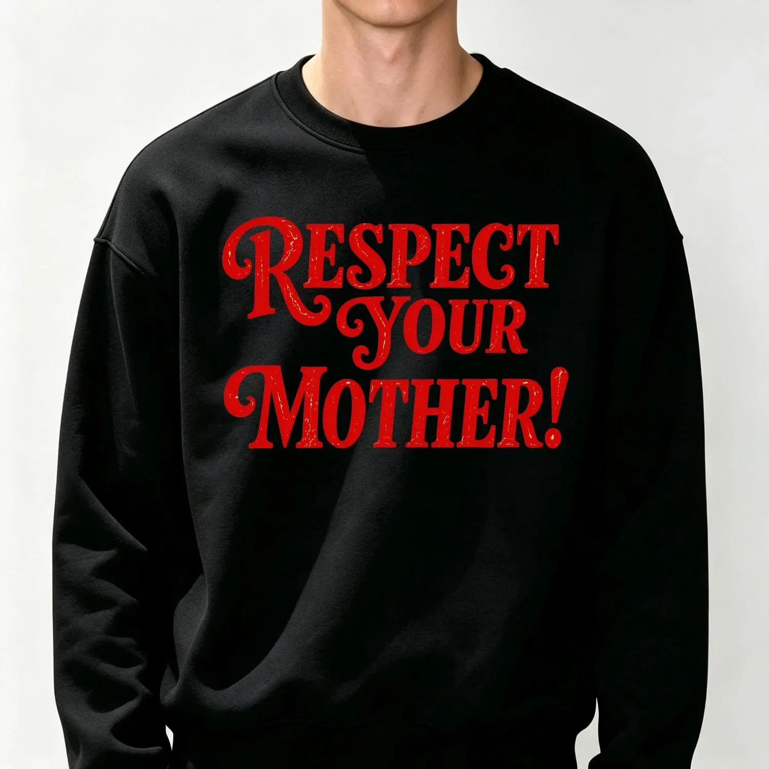 Men's "Respect Your Mother" Graphic Sweatshirt - Longsleeves Crew Neck Loose-Fit Striped Pullover, Casual Menswear, Funny Attitude Quote, Retro Y2K Sassy Saying, Trendy Minimalist Design