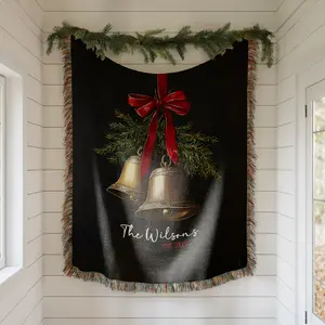 Personalized Christmas Bells Woven Blanket, Monogrammed Holiday Blanket 100% Cotton