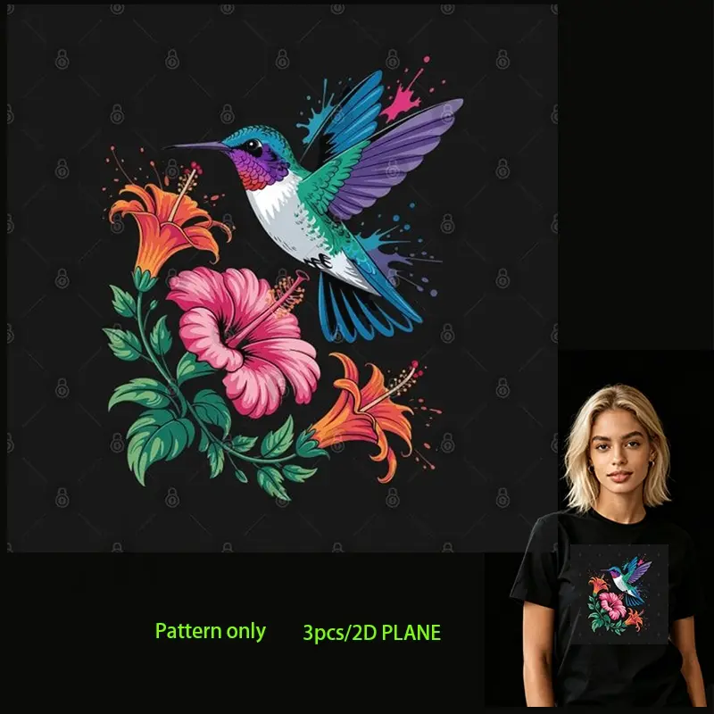 Hummingbird and Flowers DTF Heat Transfer Vinyl, DIY T-Shirt Iron-On Decal, Durable PVC, Washable, for T-Shirts, Jeans, Hoodies, Backpacks, Creative Fashion Design