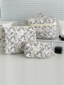 French Floral Makeup Bag, Portable Large Capacity Travel Organizer, Casual Plaid Washroom Storage Pouch, All Seasons Use