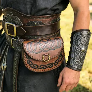 Viking Embossed Belt Bag, Vintage Medieval Faux Leather Side Pack, Middle Ages Portable Belt Pouch, Costume Cosplay Accessory