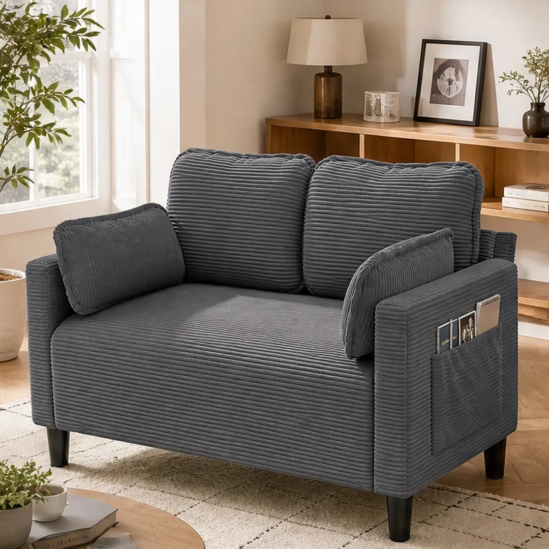 48" Soft Corduroy Loveseat Couch with Storage Pocket, Sturdy Composite Board & Solid Wood Frame, High Resilience Sponge & PP Cotton Filling, Easy Assembly, Blue, for Living Room Apartment Dorm Office, Blue Color Options, Wood Material