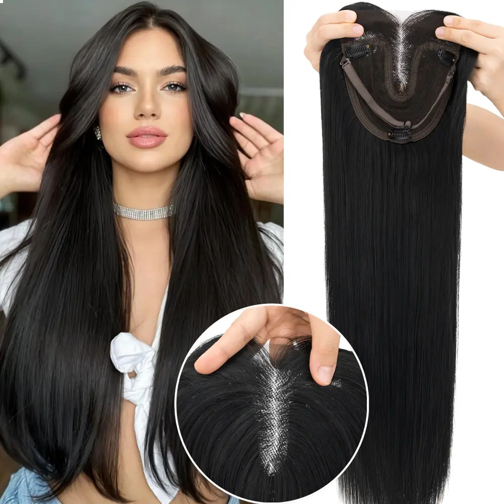 6x6 inch Large Base Hair Toppers for Women with Thinning Hair 24 Inch Long Straight Clip In Lace Hair Topper with Adjustable Band Synthetic Affordable Wiglets with Face-Framing Curtain Bangs for Daily Wear