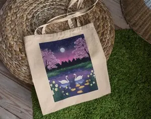 Swan Cherry Blossom Tote Bag - Cute Tote Bag , Aesthetic Tote Bag, Canvas Bag, Tote Bag Aesthetic, Swan Tote Bag, Cherry Blossom Tote Bag #1555