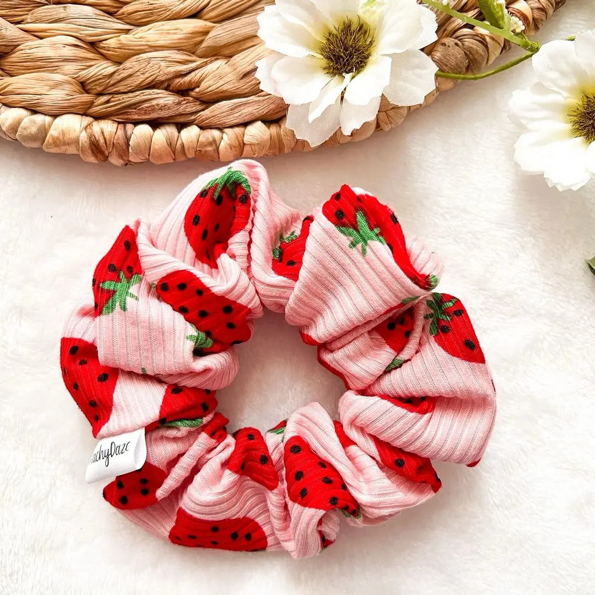 Strawberry Scrunchie, Soft Scrunchies, Ribbed Scrunchies