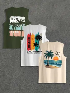 Men's Summer Casual Knit Fitted Sleeveless Vest, Letter Coconut Tree Print, Outdoor Sports Wear, Daily Versatile Style, Get 3 Pieces Set