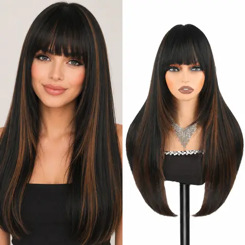 Auvzy Long Straight Layered Wig with Bangs for Women 26 inch Heat Resistant Natural Layered Wig, Synthetic Fiber Wig, Glueless Wigs #tiktokshopblackfriday