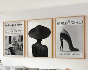 Set of 3 Black Art Prints - Modern Wall Art Set - Black and White Girly Decor - Newspaper Trendy Preppy Style for Apartments or Gift - No Frame