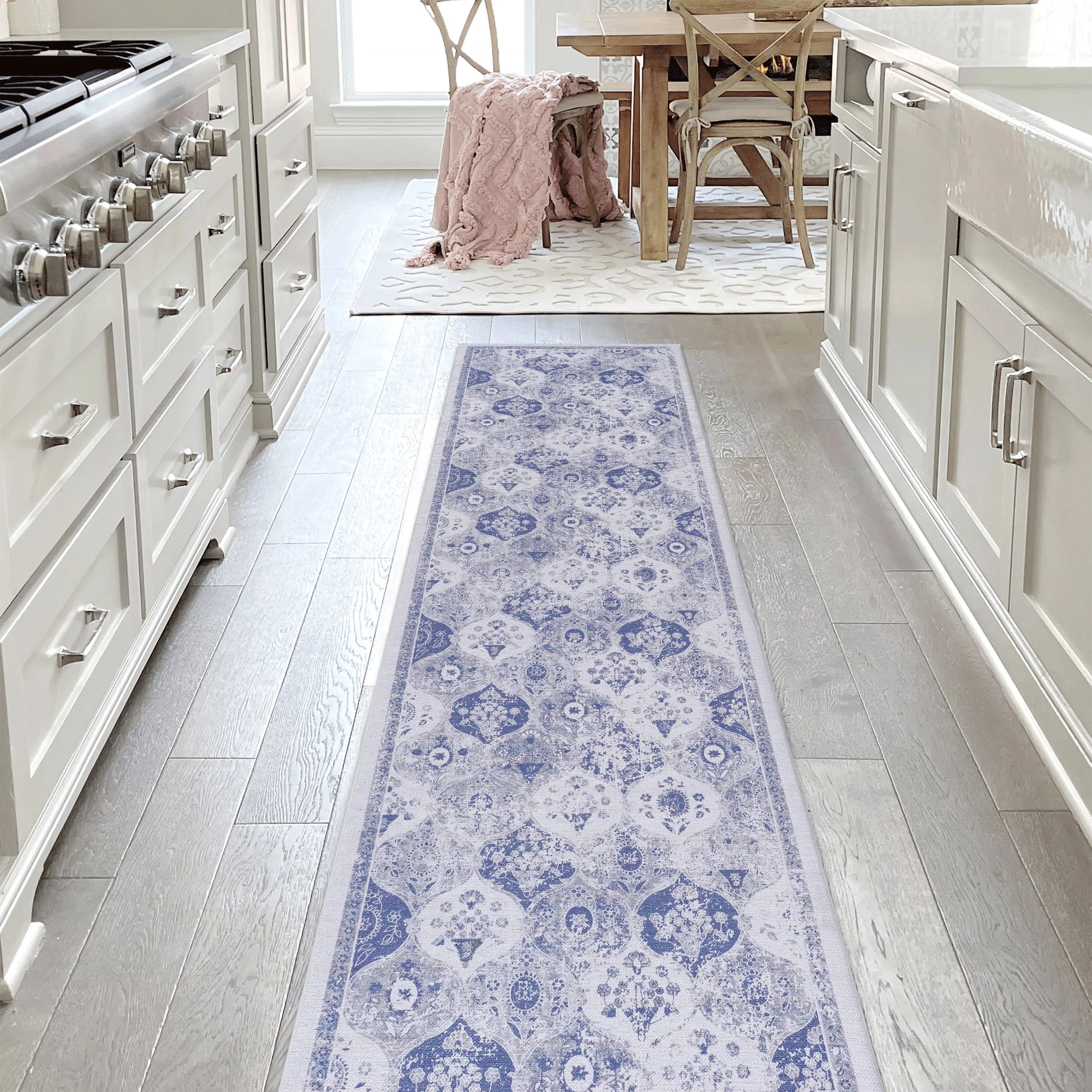 MAVAL Low Pile Weave Chenille Fiber Runner Rug, 2'6" x 10' Blue Stain-Resistant Indoor Carpet, Machine-Washable, Non-Slip
