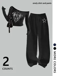 Women's Y2K Gothic 2-Piece Matching Set, Off-Shoulder Long Sleeve Crop Top & Star Print Wide Leg Pants For Rave