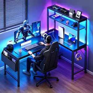 51.2 Inch L-Shaped Gaming Desk Equipped with Power Outlets and USB-C Port, Built-in LED Lighting, Computer Corner Desk with Integrated Pegboard, Storage Shelves and Storage Bag, Home Office Workstation Desk with CPU Bracket, Black Finish