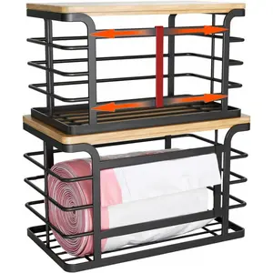 2 Pack Black Stackable Trash Bag Holder Bamboo Top Wall Mount for Kitchen Laundry Room