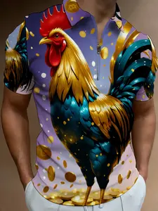 Men's Printed Summer Polo Shirt, Beach Casual Fashion Trendy Top, Colorful Rooster Pattern Design, Personalized Outfit All-Match Style, Menswear