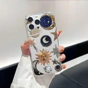 1 Style Transparent Anti-drop Phone Case with Retro Sun and Moon Diamond Style, Suitable for iPhone 17 Air/16 Plus/15 Pro Max/14 Pro/13/12/11/XS Max/X, Best Choice for Holiday Gifts to Family, Friends, Lovers, Girlfriends TMZB20
