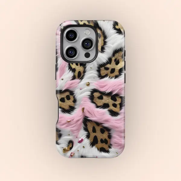 Pink Leopard Print Phone Case for iPhone & Samsung, Fluffy Faux Fur Animal Pattern Protective Cover, Cute Y2K Glam Aesthetic Phone Accessory, Trendy Gift for Women and Girls
