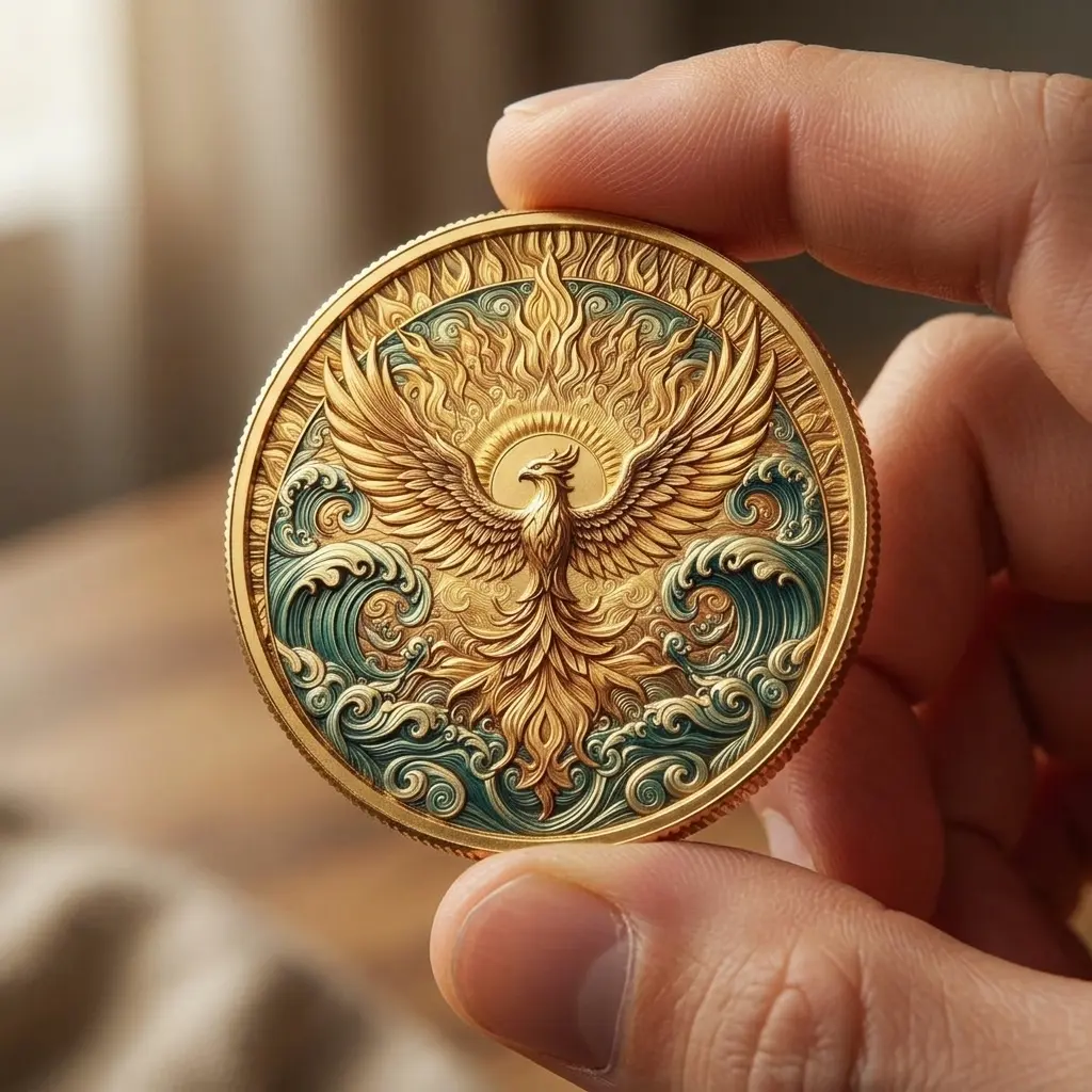 Legendary Phoenix Challenge Coin, Mythical Animal 3D Engraved Metal Coin, Phoenix Collectible, Fantasy Creature Keepsake, Custom Gold Commemorative Coin Gift for Collectors