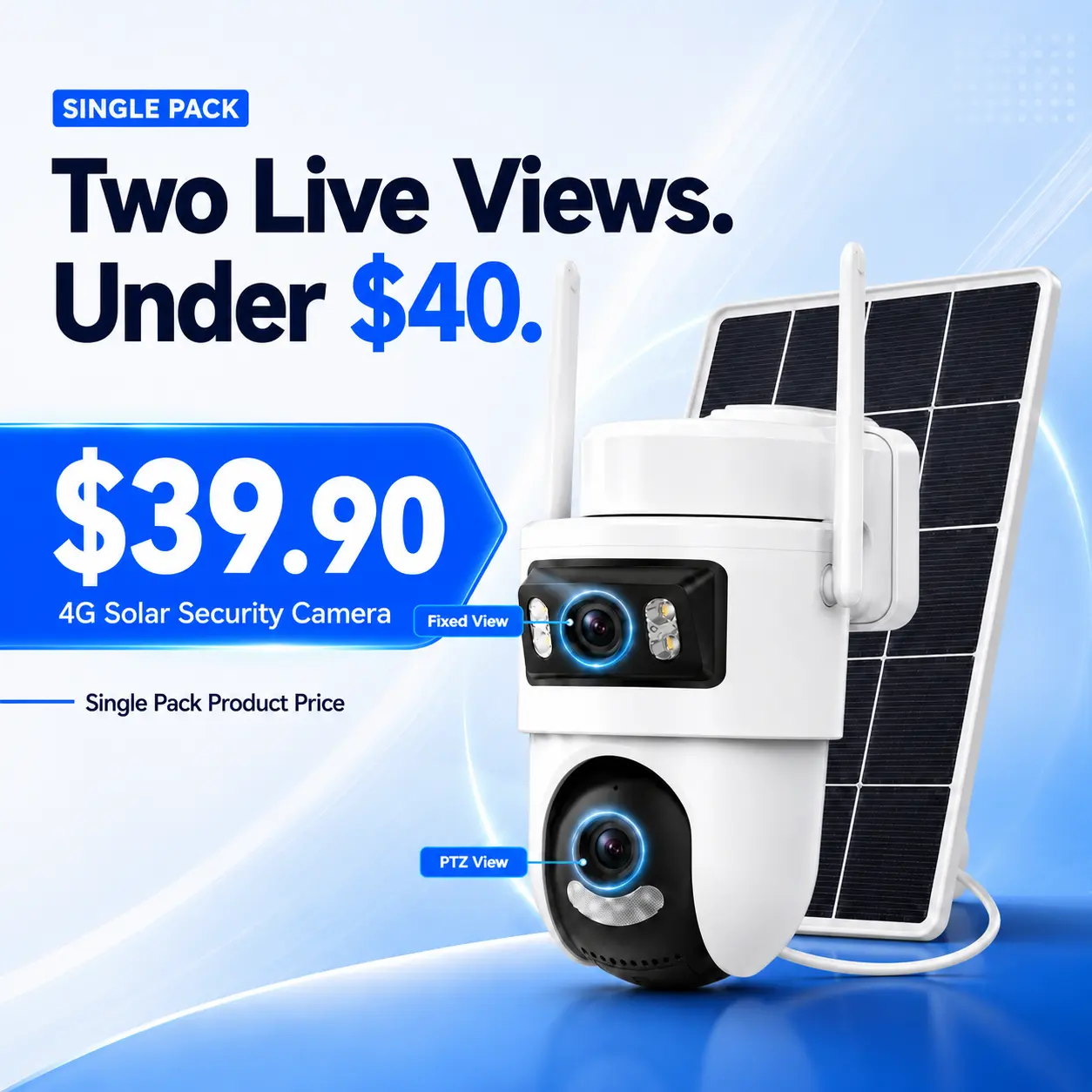 4G LTE Cellular Solar Security Camera - Dual-View Fixed Lens & PTZ Outdoor Camera, No WiFi, Human Detection, Auto Tracking, Color Night Vision, 2-Way Audio, Preconfigured SIM Included, IP66 HD Motion full-color Smart Video instant alert