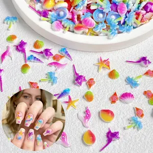 100PCS Gradient Colored Simulated Shell Coconut Tree Resin Nail Charms 3D Hot Selling Starfish Conch Nail Art Decorations DIY Summer Nail Accessories