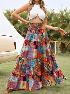 Women's Patchwork Print A Line, Elegant Casual Skirt, Boho Fashion Casual Skirt for Daily Holiday Vacation Wear, Ladies Bottoms for All Seasons