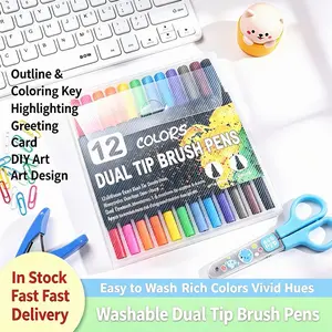 12-Color Washable Dual-Tip Brush Pens, Water-Based Markers for Little Artists, Office & School Craft Supplies