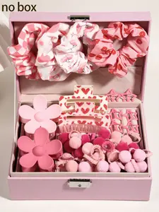 54pcs pink ladies hair accessories, a variety of styles and sizes, essential hair clip hair ring, love printing flower set, Valentine's Day or wedding gifts, no box