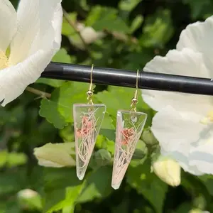 Triangle Shape Soft Pink Resin Earrings Floral Design Elegant Flower Jewelry
