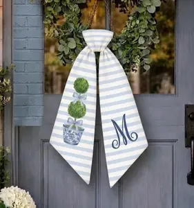 Monogrammed Wreath Sash With Topiary And Blue Stripes, Personalized Chinoiserie Door Decor, Grandmillennial Spring Porch Sash For Wreaths