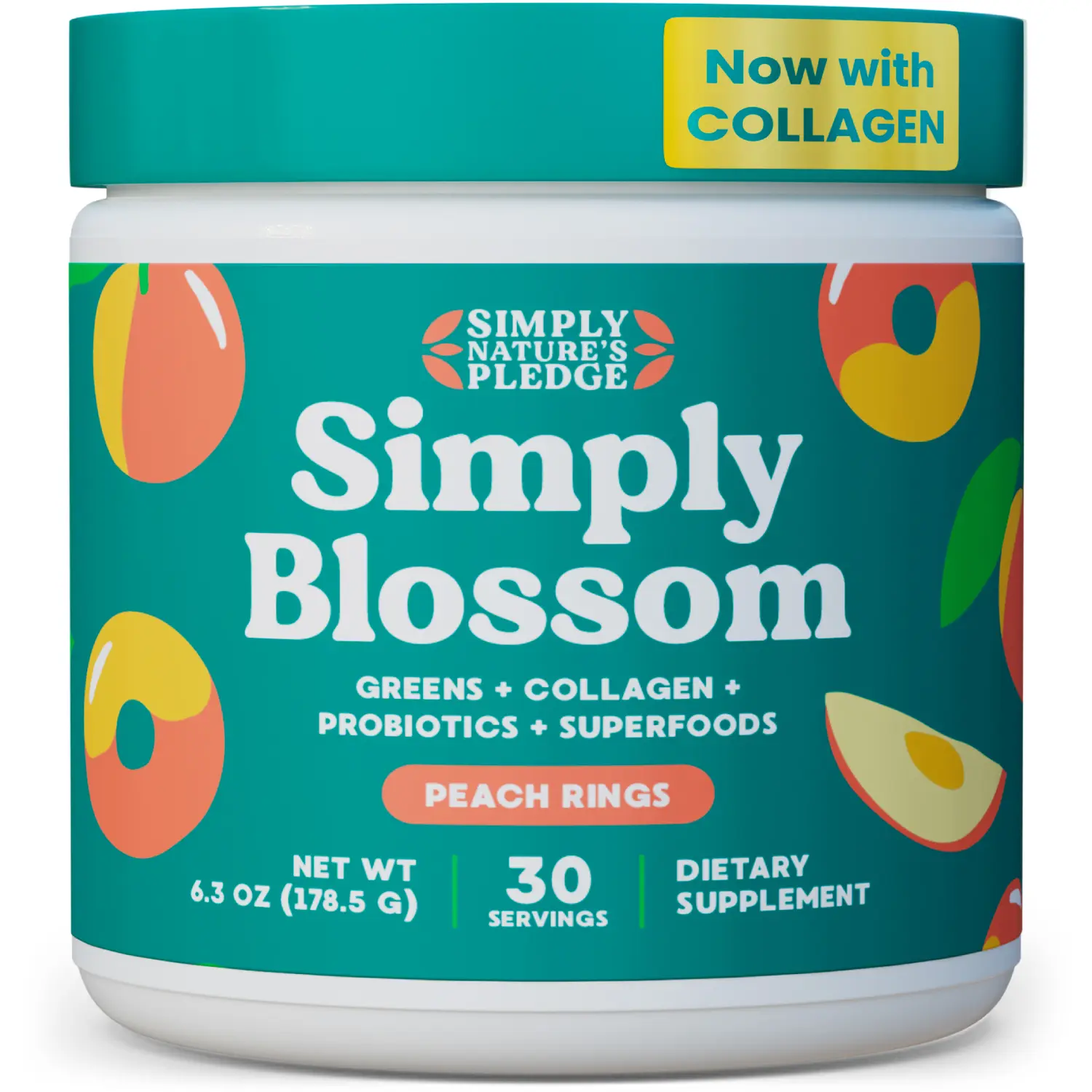 Simply Blossom Nutrition Daily Greens & Superfood Powder + Collagen + Probiotics for Women's Digestive Health & Bloating Relief. Help Your Health Bloom - 30 Day Supply - Peach Rings