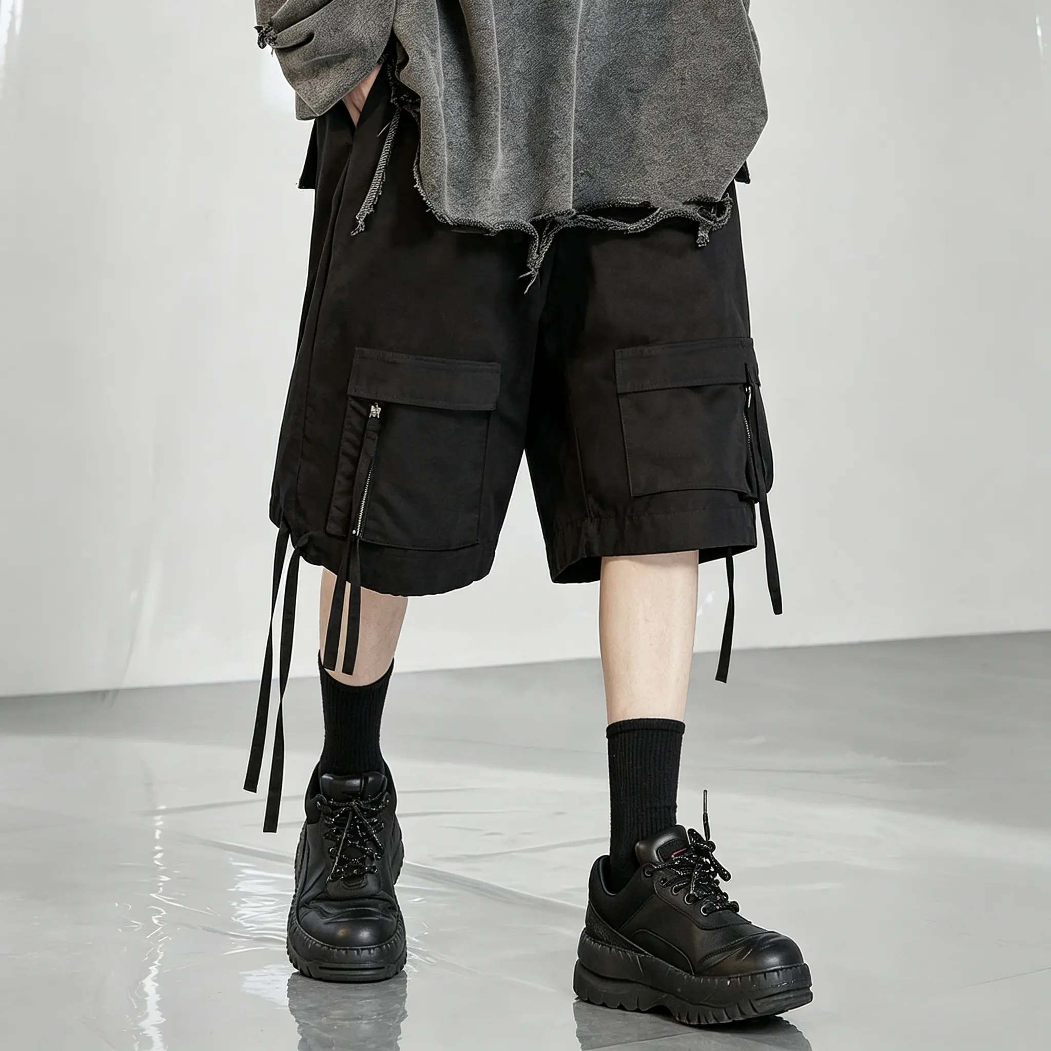 Black multi-pocket cargo seven-eighths casual shorts featuring ribbon detailing; dark avant-garde street style with a structured, smooth woven fabric and a straight, high-rise cut. Paired with loose wide-leg seven-eighths pants, both styles have large, sy