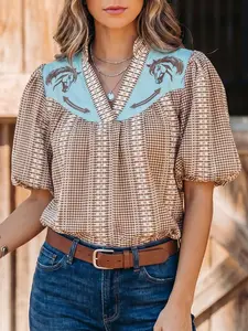 Women's Brown Western Pony Embroidered Yoke Puff Sleeve Gingham Blouse, Vintage Style Rustic Plaid Tops for Women, Breathable Short Sleeve Western Shirts, Casual Country Inspired Apparel for Summer Outings and Ranch Chic Vacation Looks outdoorfun