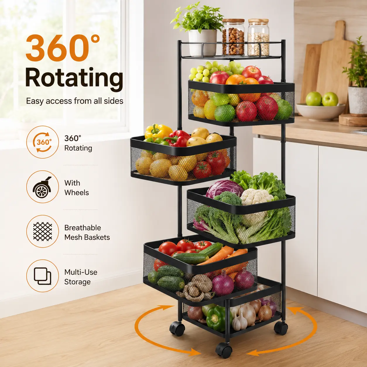 Kitchen Storage Rack Rotating Vegetable with Wheels Square White Multi-Layer Floor-Standing Rack-Rotating Vegetable Rack, Household Storage Shelf Can Be Moved Easily Without Taking Up Space Fruit Organiser Basket Movable Room Set Hollow Photo