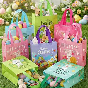 12pcs Easter Egg Hunt Bags, Square Non-Woven Fabric Tote Bags, Rabbit Theme Paper Bags With Handles, Easter Gift Packaging Bags, Reusable Storage Bags With Handles, Easter Egg Hunt Party Supplies, Easter Decoration, Easter Bunny Decor, Easter Party Decor