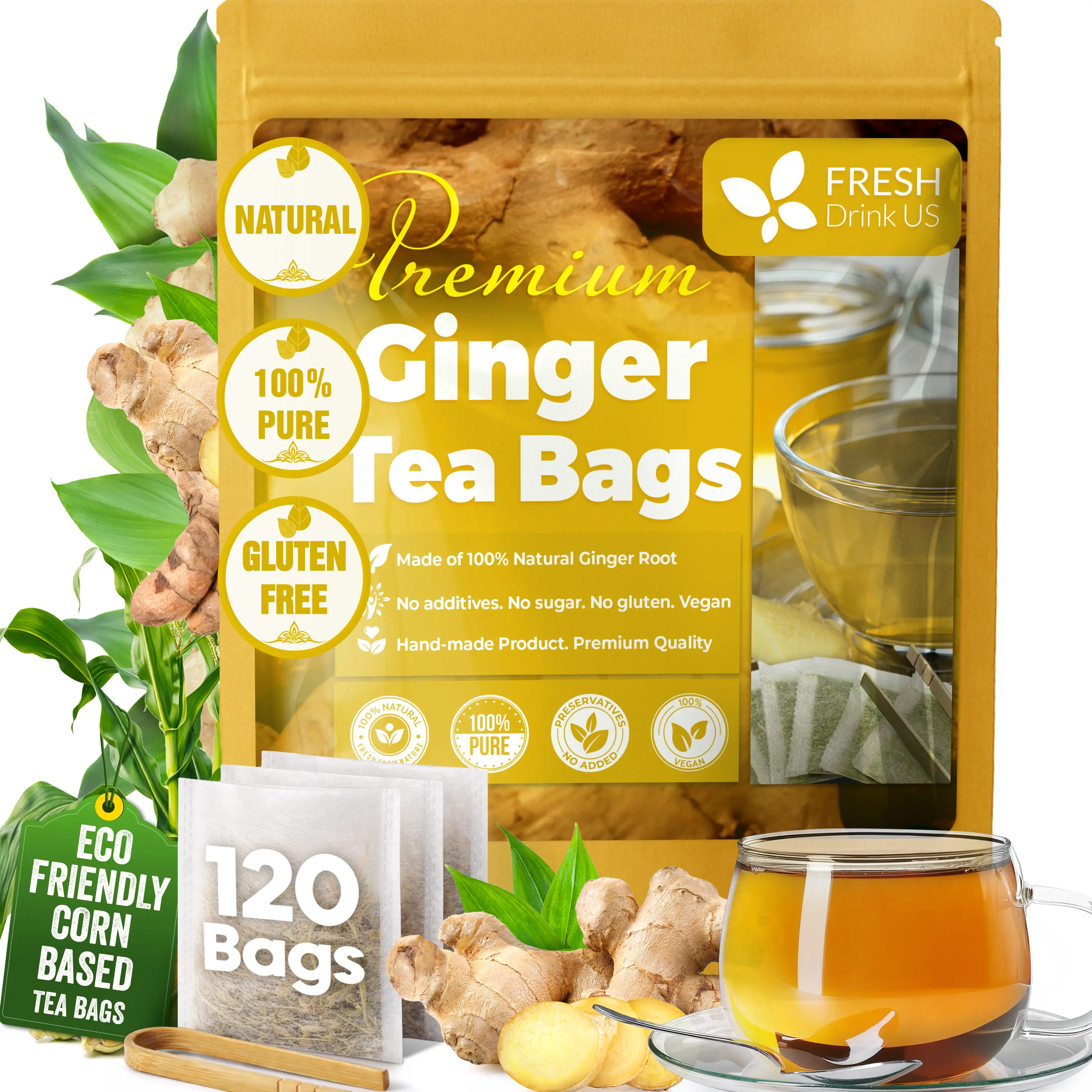 【FreshDrinkUS】 150 Premium Ginger Tea Bags, 100% Natural & Pure from Ginger Root, Ginger Tea. Ginger Herbal Tea. Ginger Tea. No Sugar, No Caffeine, No Gluten, Vegan.