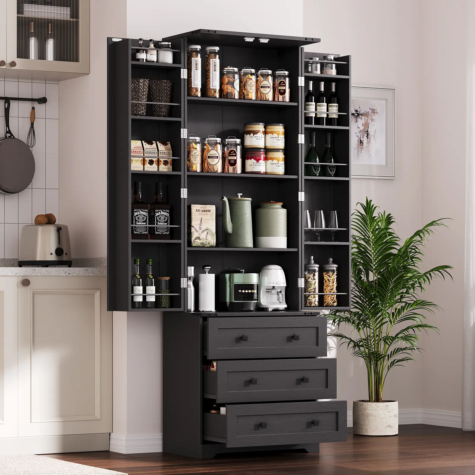 72" Tall Pantry Cabinet for Kitchen, Freestanding Storage Cabinet with 3 Drawers & Adjustable Shelves, Wooden Coffee Bar Cabinet for Living Room Dining Room Entryway