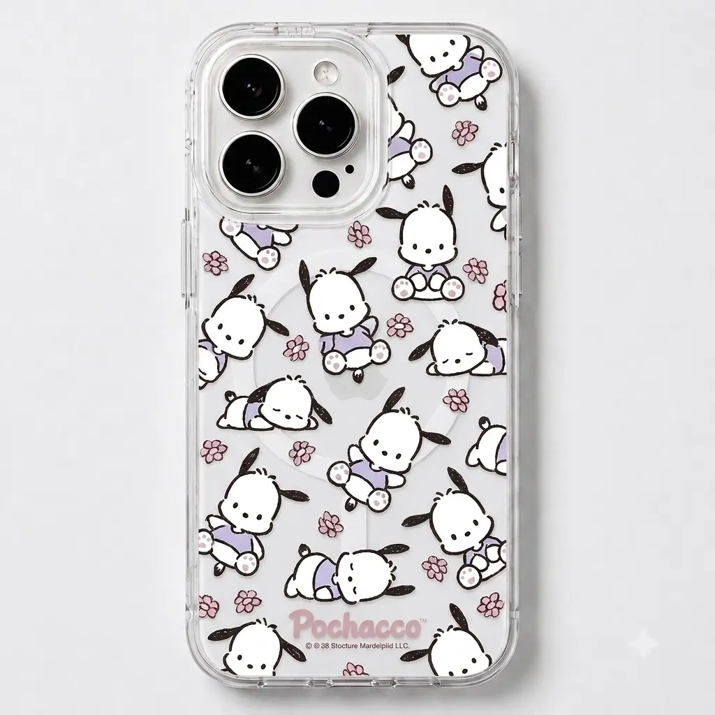 Cute Kawaii Pochacco Floral MagSafe Clear Phone Case,Cute Dog Shockproof Protective Cover, Slim Wireless Magnetic Case for iPhone 17 16 15 14 13 12 11 Pro Max, Samsung S26 S25 S24 S23 S22 Ultra