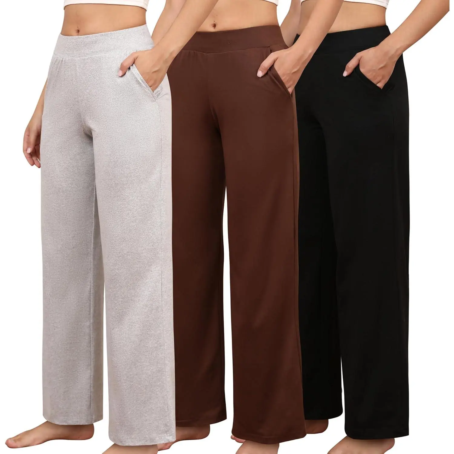 Women's Petite Casual Sweatpants, 3 Pack of Loose-Fitting Wide Leg Lounge Bottoms with Pockets, Leg Pants, Wide Legs