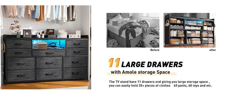 【Holiday Haul】Raybee 11 Drawer Smart LED Dresser, with Charging Station, Power Outlets, LED Lights & Shelves, Modern Storage Cabinet for Bedroom/Hallway, TV Stand for 32-55 inch TVs, Easy 10-min Assembly, Includes 4 Hooks