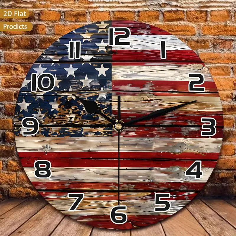 1pc Vintage American Flag Wall Clock - Large 12 Inch Silent Non-Ticking Wood Frame, Retro Flag Design with 50 Stars & Stripes, Battery- (AA Required, Not Included) for Nursery, Room, Kitchen, Bedroom, Living, 2D Flat 12x12inch
