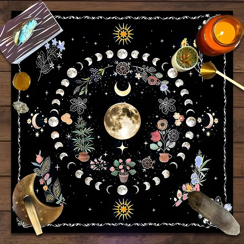 Mystical Floral Moon Phase Design Square Tarot Tablecloth, Witch-style home decor Altar Cloth Multiple Sizes Polyester Fabric, Easy to Clean and Maintain Decorative Divination Cloth for Spreads & Rituals Gift for family and friends
