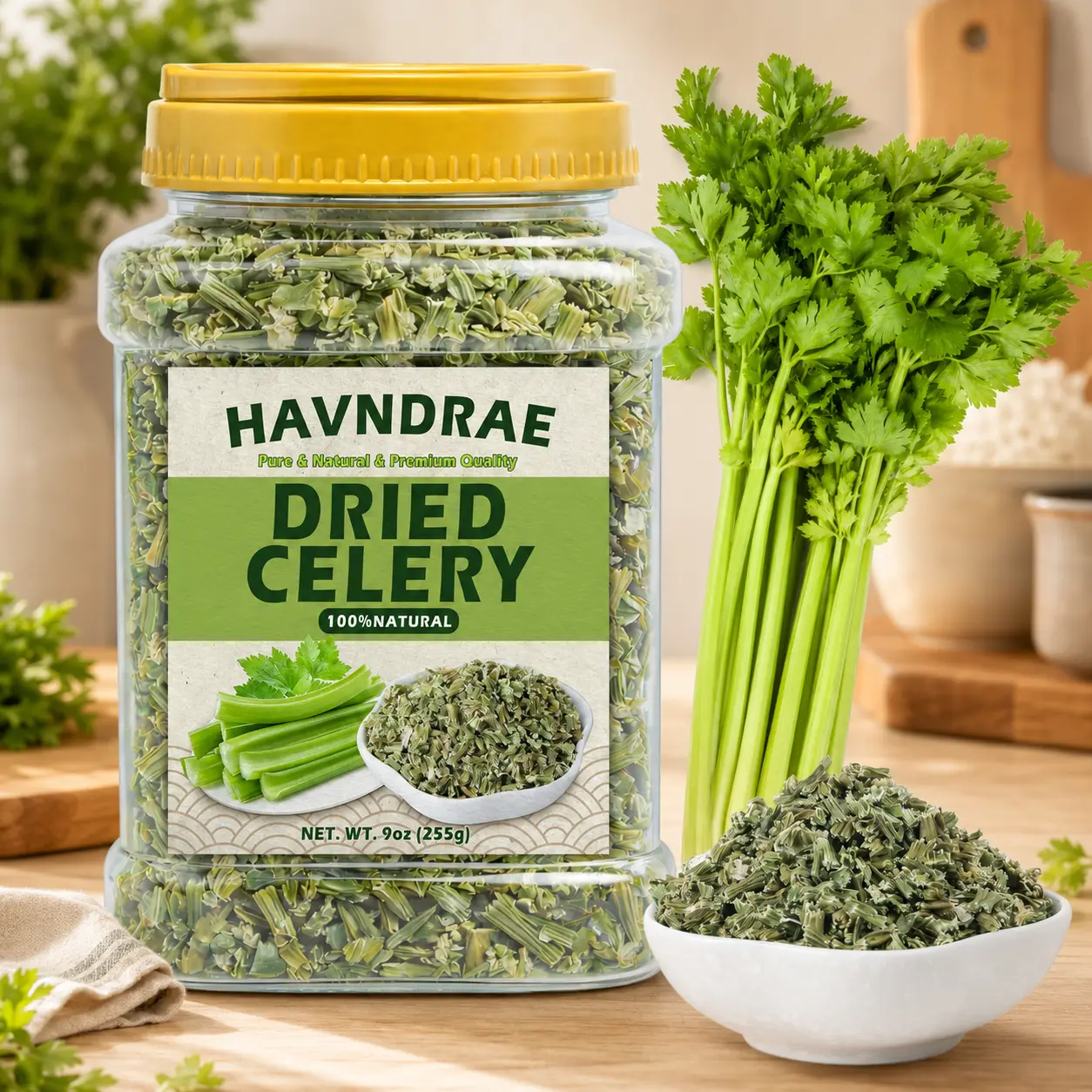 100% Real Celery Chopped Dried Flakes, 9oz (255g) Glass Jar - Vegan, Gluten-Free, Long-Lasting Shelf-Stable Natural Cooking Vegetable, Mild Savory, Ambient Storage (Cool, Dry Place)